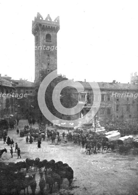 ''Trente Italienne; Cantonnement de cavalerie italienne devant la vicille tour de l'Horloge', 1918. Creator: Unknown.