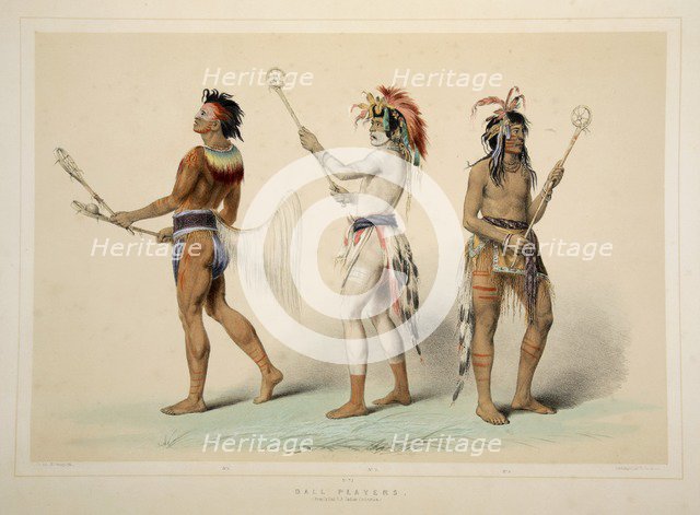 Ball Players, pub. 1845 (colour lithograph). Creator: George Catlin (1796 - 1872).