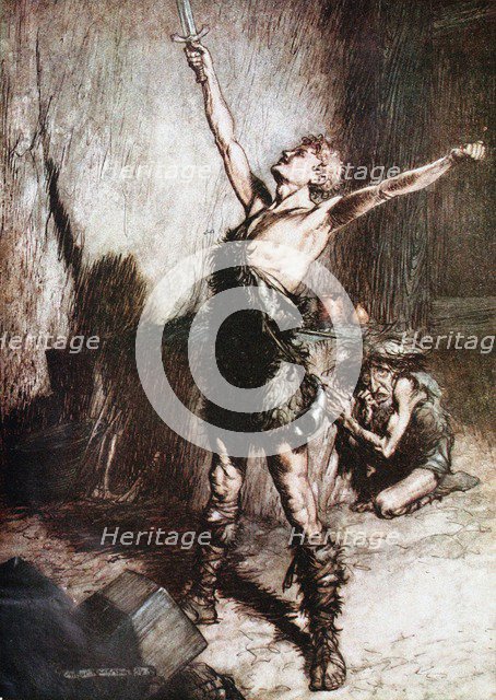 Siegfried forges his sword. Illustration for Siegfried and The Twilight of the Gods by Richard Wag Artist: Rackham, Arthur (1867-1939)