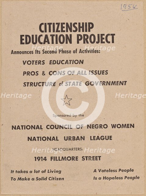 Flyer promoting the second phase of the NCNW's Citizenship Education Project, 1956. Creator: Unknown.