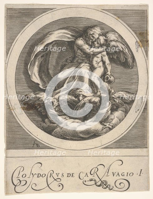 Jupiter, seated above two eagles and embracing Cupid, a round composition from a serie..., ca. 1590. Creator: Cherubino Alberti.