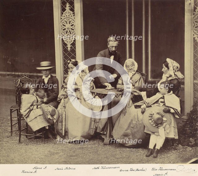 [Group Portrait of Five Adults and Two Children in a Garden], 1850s-60s. Creator: Franz Antoine.