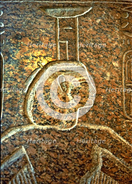 Bas-relief of a funerary sarcophagus of Ramesses III with the image of goddess Isis, made in gran…