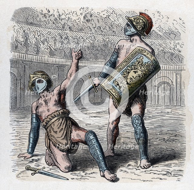 Roman circus, wounded gladiator asking for the grace of living, engraving, 1866.