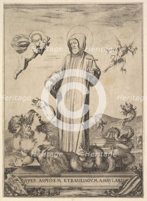Saint Jean Gualbert trampling a monster with two human heads and a serpentine body, a flyi..., 1640. Creator: Stefano della Bella.