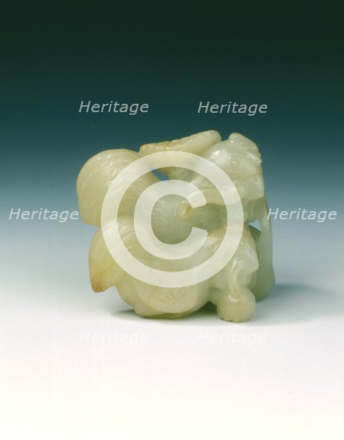 Pair of jade chickens with floral sprays in their mouths, early Ming dynasty, China, 1368-1499. Artist: Unknown