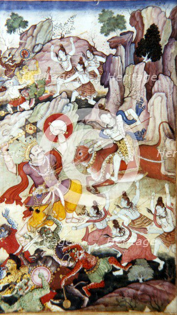 Siva Destroys the Demon and Haka, Harivamsa manuscript, Mughal School, c1590. Artist: Unknown.