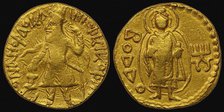 Gold Coin, Kushan. Obverse: Kanishka I. Reverse: in Bactrian script Buddha (boddo). Artist: Numismatic, Ancient Coins 