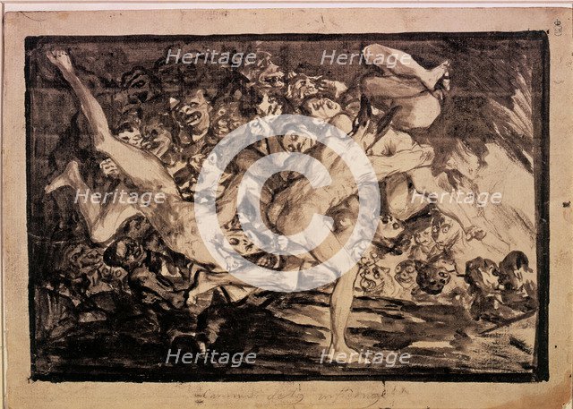  'Road to Hell'. Drawing No. 1252 of the series of sepia gouaches by Francisco de Goya.