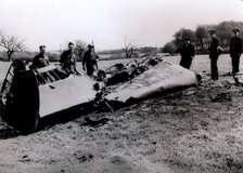 The wreckage of Rudolf Hess's Messerschmidt Bf 110 aircraft, Scotland, World War II, May 1941. Artist: Unknown