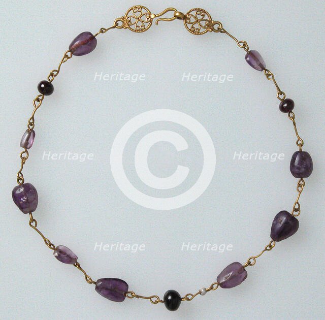 Gold Necklace with Amethysts, Glass Beads, and a Pearl, Byzantine, 500-700. Creator: Unknown.