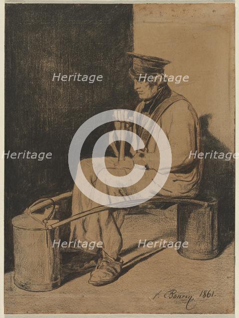 Water Carrier Seated on His Yoke, 1861. Creator: François Bonvin (French, 1817-1887).