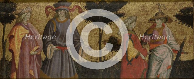 Pairs of Famous Lovers: Paris and Helen [?] and Tristan and Iseult-Front Panel of Cassone, c1430. Creator: Giovanni dal Ponte.