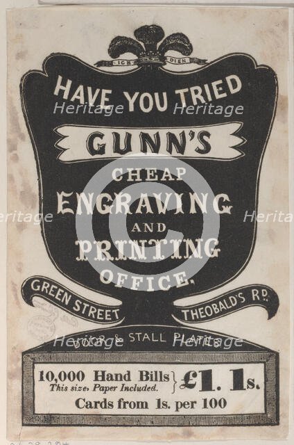 Trade Card for Gunn's Cheap Engraving and Printing Office, 19th century. Creator: Anon.