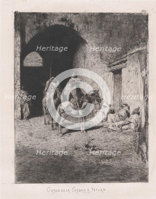 Entrance to the Kasbah in Tetuan, figures sitting on the ground, others on horseback, ..., ca. 1873. Creator: Mariano Jose Maria Bernardo Fortuny y Carbo.
