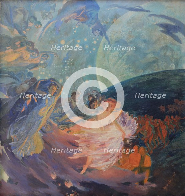 Truth pulling Science, which is spreading its light to mankind, 1890.