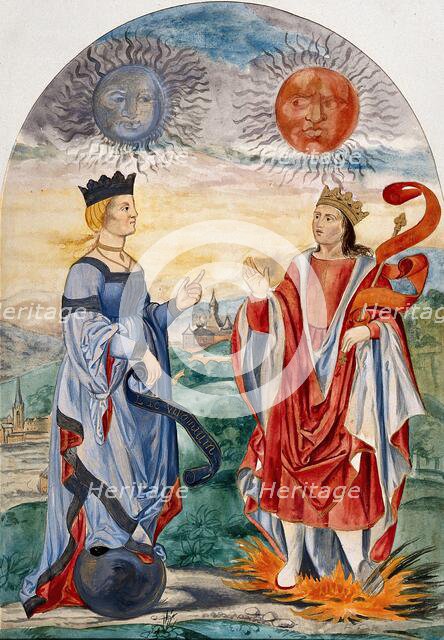 A moon above a queen dressed in blue, and a sun above a king dressed in red..., 1900-1909. Creator: Edith Annie Ibbs.