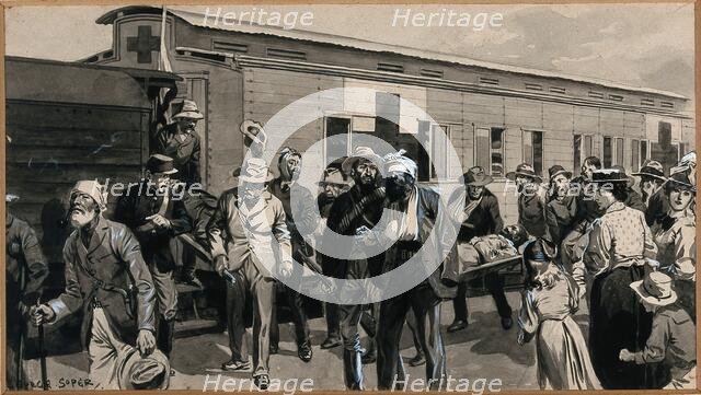 Boer War: wounded Boers are getting off a train, and one is being carried on a stretcher, 1900. Creator: George Soper.