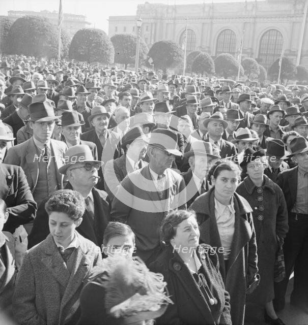 Listening to speeches at mass meeting of WPA workers..., San Francisco, California, 1939. Creator: Dorothea Lange.