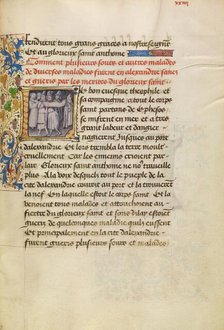 Initial L: The Sick in Alexandria Are Healed after Touching the Body of Saint Anthony, about 1465-70 Creators: Master of the Brussels Romuléon, Workshop of the Master of the Brussels Romuléon.