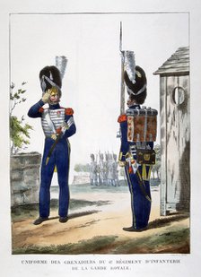 Uniforms of the grenadiers.. of the French royal guard, 1823.  Artist: Charles Etienne Pierre Motte