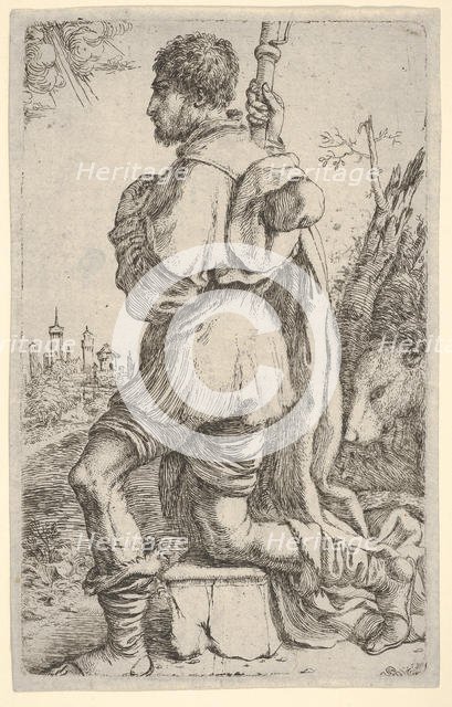 Saint Roch, kneeling on a stone, seen from the side with his dog behind him and a towns..., 1620-30. Creator: Giuseppe Caletti.