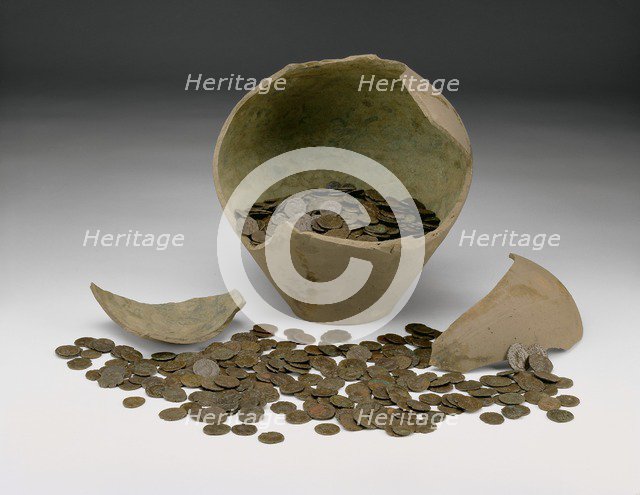 Complete local Roman imperial coin hoard with jar (The Chalgrove II Hoard), 3rd century.. Artist: Unknown.