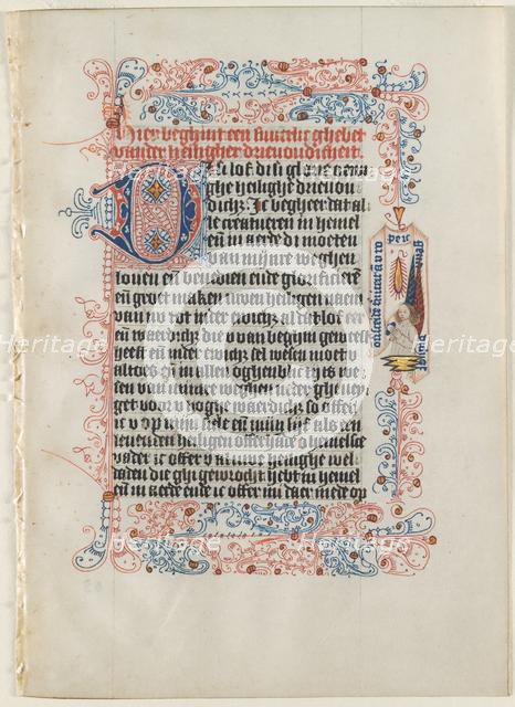 Leaf Excised from a Book of Hours: Angel with a Banderole within a Flourished Border..., c. 1475. Creator: Workshop of the Convent of St. Agnes (Netherlandish), possibly by.