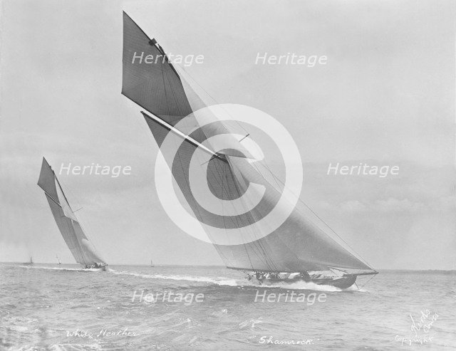 'Shamrock' and 'White Heather' powering to windward, 1912. Creator: Kirk & Sons of Cowes.
