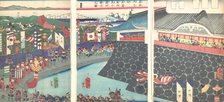 Hideyoshi and His Troops Leaving Nagoya Camp (Mashiba Hideyoshi ko nagoya jin saki..., 19th century. Creator: Tsukioka Yoshitoshi.