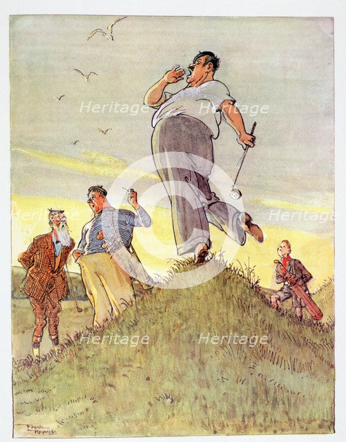 Large man standing on a hill, calling Fore!, c1930s. Artist: Unknown