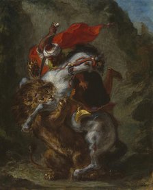 Arab Horseman Attacked by a Lion, 1849/50. Creator: Eugene Delacroix.