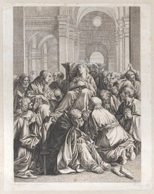 Death of the Virgin, lying on a chair at center, surrounded by Apostles, inside a tem..., 1790-1822. Creator: Joseph Fischer.