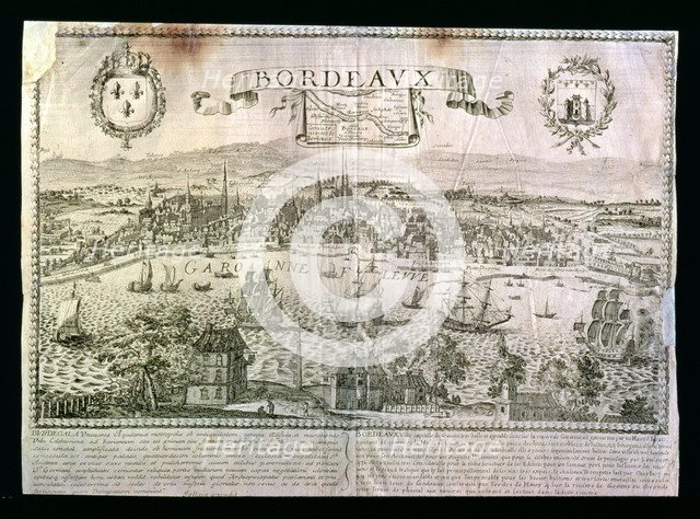 View of the city of Bordeaux with the Garonne river, metal engraving signed by Jollain.