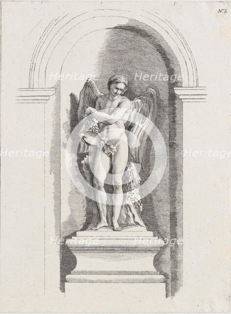 Standing male angel holding an empty bowl and looking down; a..., possibly mid to late 18th century. Creator: Anon.
