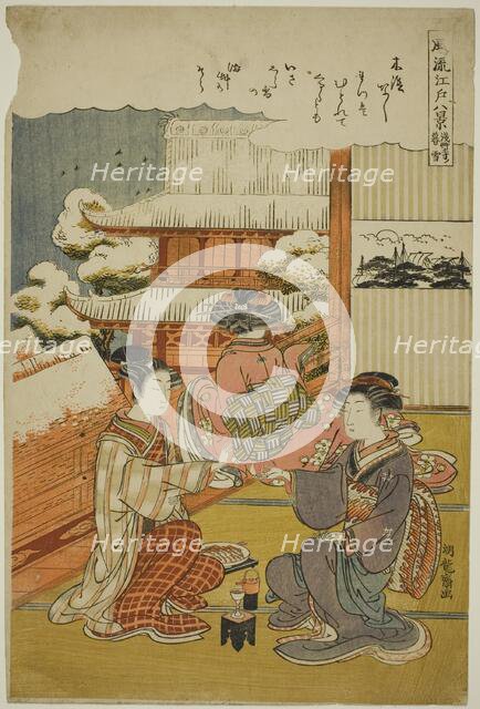 Evening Snow at Sensoji Temple (Sensoji no bosetsu), from the series "Eight..., c1776/81. Creator: Isoda Koryusai.