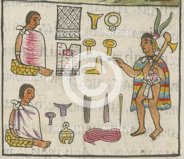 Merchants (Pochtecas) and their wares in Tzinacantlan. From the Codex Florentinus, c 1550. Creator: Sahagún, Bernardino de (1499-1590).