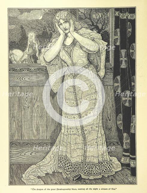 "The dragon of the great Pendragonship blaze, making all the night a stream of fire", 1898.  Creator: Louis John Rhead.