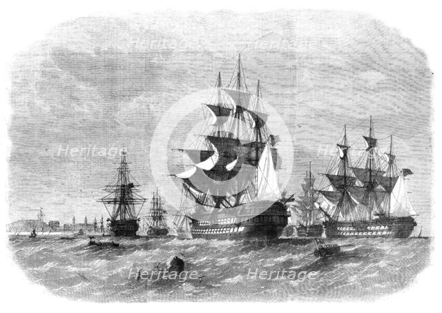 View from Spanish Point, Bermuda, showing the dockyard, and the fleet at anchor in Grassy Bay, 1862. Creator: Unknown.