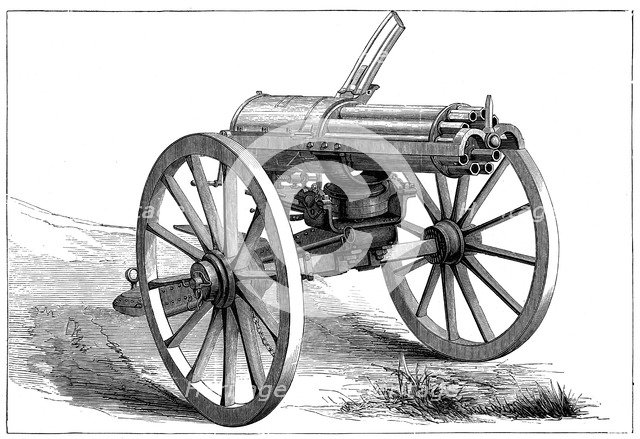 Gatling rapid fire gun, 1870.  Artist: Anon