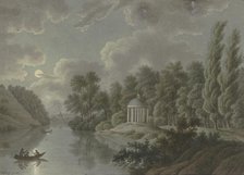 River area with a monopteros in the moonlight, 1811. Creator: T. Lamey.