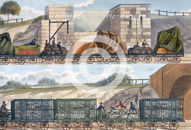 Trains on the Liverpool and Manchester Railway, 1832-1833. Artist: SG Hughes