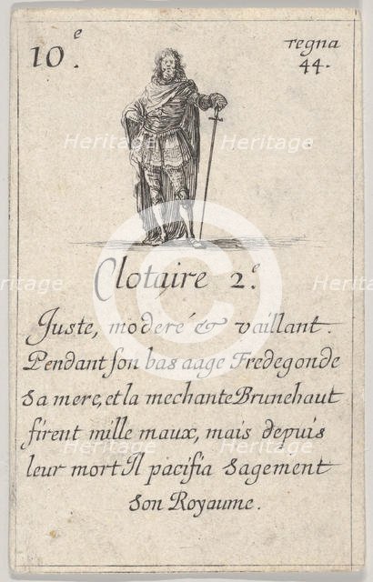 Clotaire 2.-e / Juste, moderé..., from 'Game of the Kings of France' (Jeu des Rois de Fran..., 1644. Creator: Stefano della Bella.