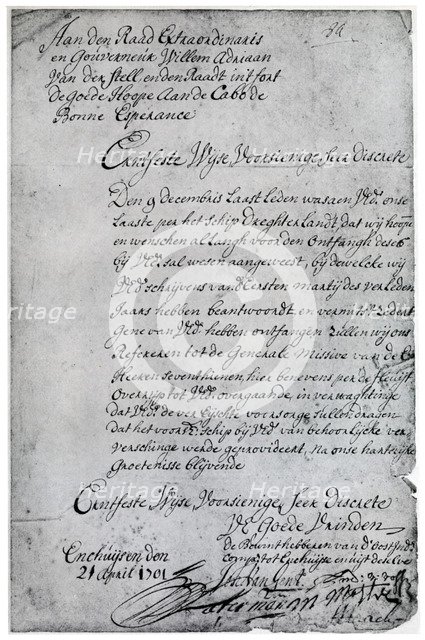 A letter from the Dutch East India Company to Willem Adriaan van der Stel, 18th century (1931). Artist: Unknown