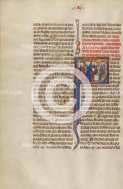 Initial S: Three Children Standing before their Parents and Three Children..., about 1290-1310. Creator: Unknown.