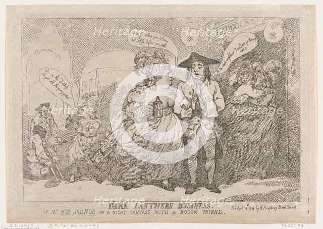 Dark Lanthern Business, or, Mrs. Hob and Nob On a Night Canvass With a Bosom Fri..., April 24, 1784. Creator: Thomas Rowlandson.