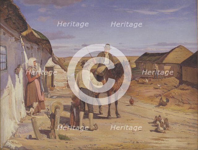 A Stranger Asking his Way at a Farm on the Moors, 1877. Creator: Hans Smidth.