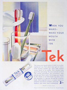 Advert for Tek toothbrushes, by Johnson and Johnson, 1931. Artist: Unknown