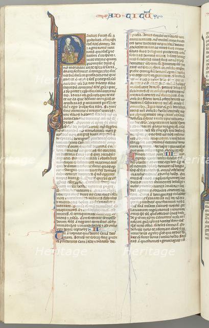 Fol. 458v, Titus, historiated initial P, Paul seated with a sword, c. 1275-1300. Creator: Unknown.