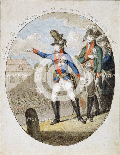 Russian Field Marshal Alexander Suvorov inspecting troops, c1794. Artist: Anon
